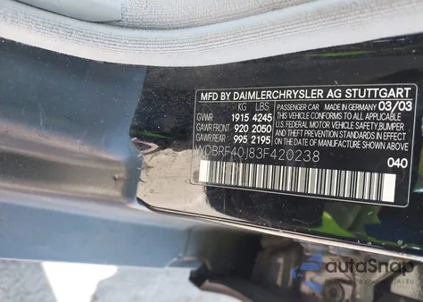 2003 Mercedes-Benz C 230 Kompressor Sport from USA, damaged, VIN WDBRF40J83F420238